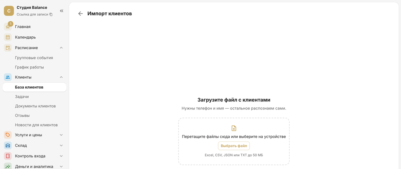 Импорт клиентов: поле для файла с подсказкой «Excel, CSV, JSON или TXT до 50 МБ»