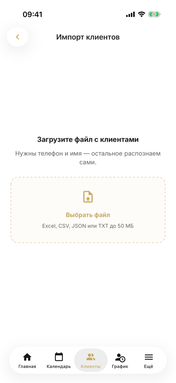 Экран «Импорт клиентов»: «Загрузите файл с клиентами» и «Выбрать файл» — Excel, CSV, JSON или TXT до 50 МБ
