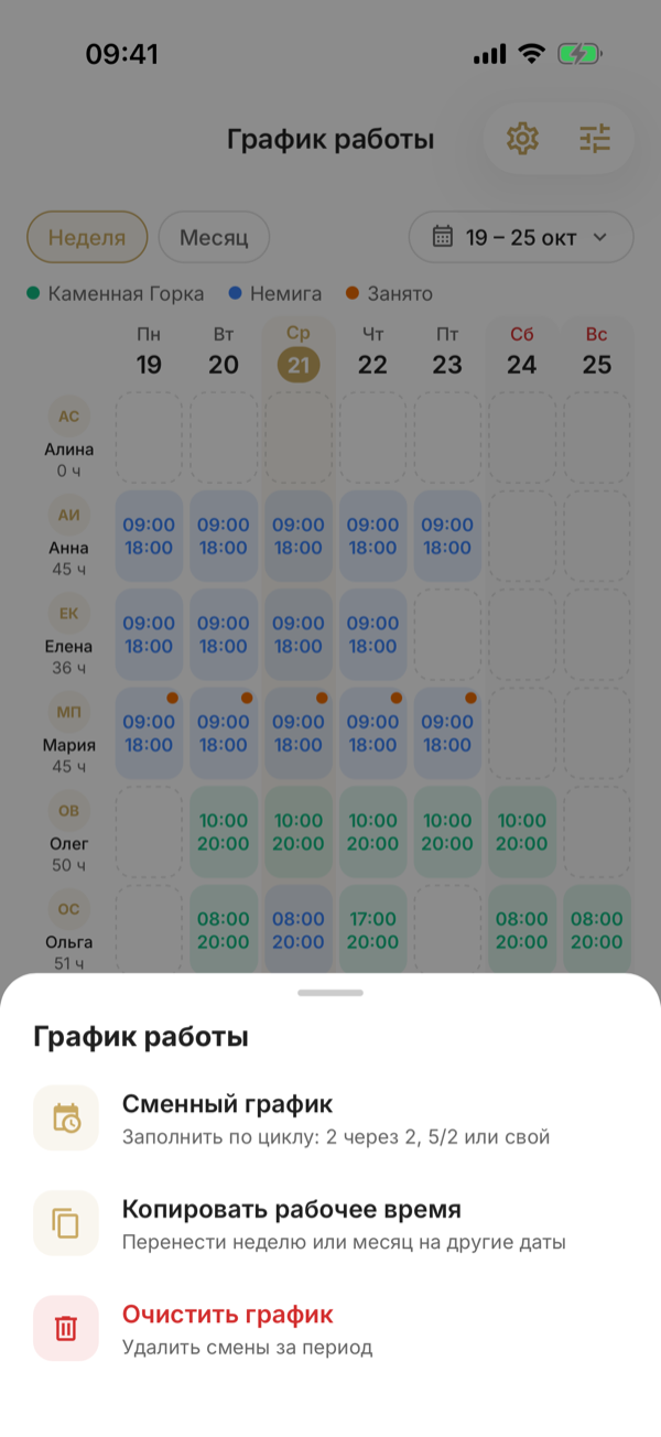 Меню шестерёнки на экране графика: «Сменный график», «Копировать рабочее время» и «Очистить график»