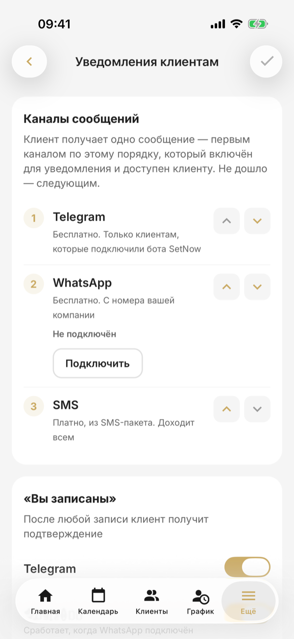 «Уведомления клиентам»: порядок каналов Telegram, WhatsApp и SMS со стрелками, ниже — «Вы записаны»