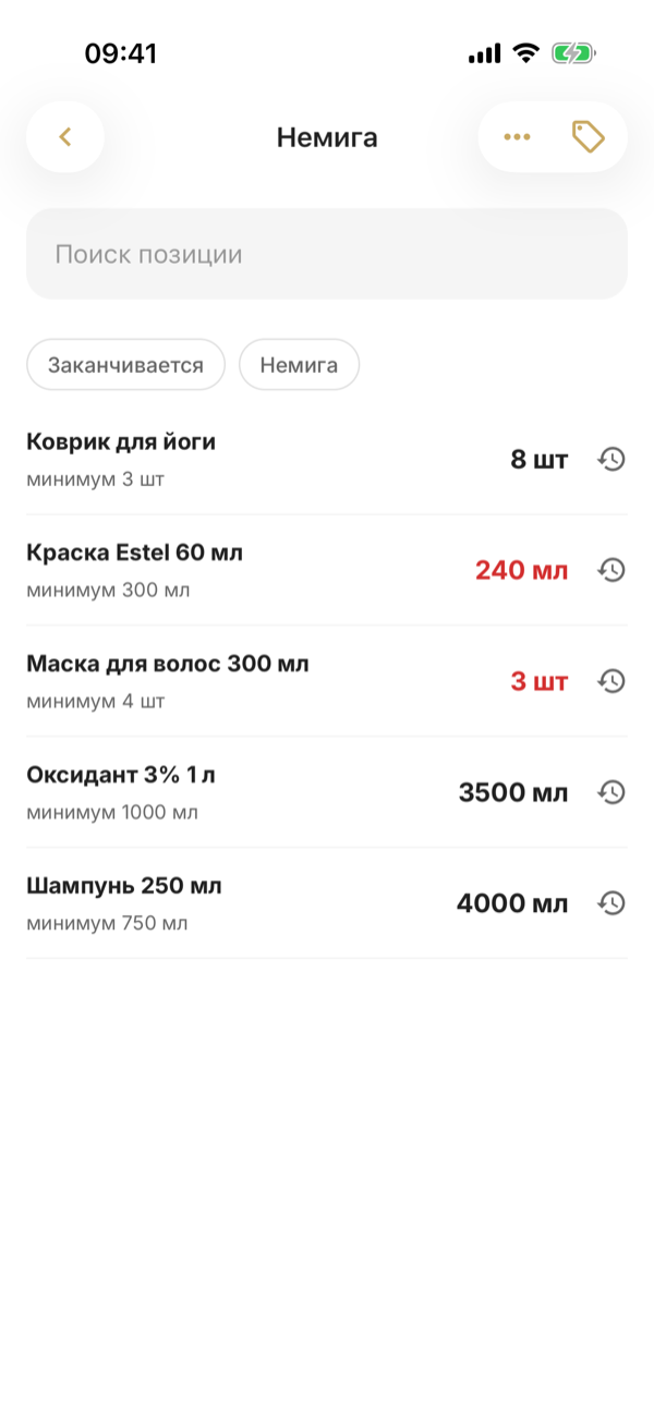Остатки филиала «Немига»: у каждой позиции — остаток и минимум, позиции ниже минимума выделены красным